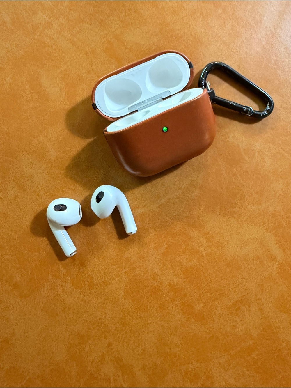 Apple White AirPods with Brown Leather Charging Case and Carabiner